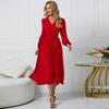 Women Autumn Winter V Neck Long Sleeve Belt Solid Color Pleated High Waist Dress