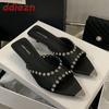 Fashion Fashion Luxury Rhinestones Women Low Heel Slippers Sandals Shoes Female Pointed Toe Footwear Ladies Heeled Slippers Slides Shoes