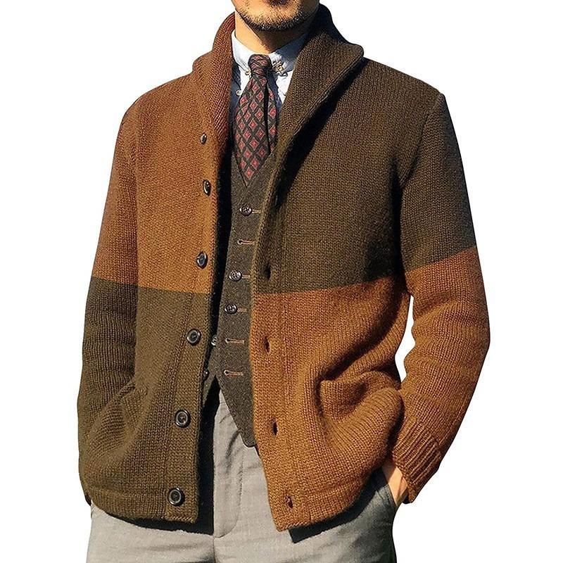 Men S Knit Cardigan Color Block Lapel Loose Fit Long Sleeve Sweater