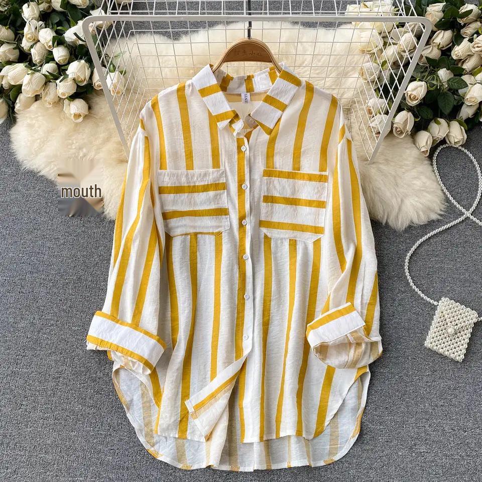 2024 Korean Style Mid-Length Striped Multi-Color Women's Casual Loose Shirt Jacket