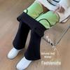 High-Waist Black Plush Flared Pants for Women - Slim-Fitting, Elastic, Avocado Color, Ideal for Autumn/Winter.