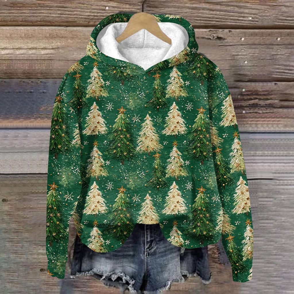 Women's Fashion Long Sleeve Christmas Print Loose Hooded Sweatshirt Top