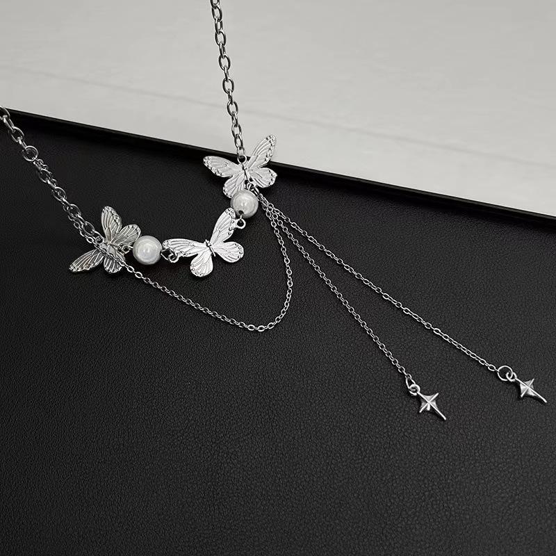 Cold wind pearl butterfly splicing double necklace femininity fringed mango collarbone chain ins sweet and cool jewelry