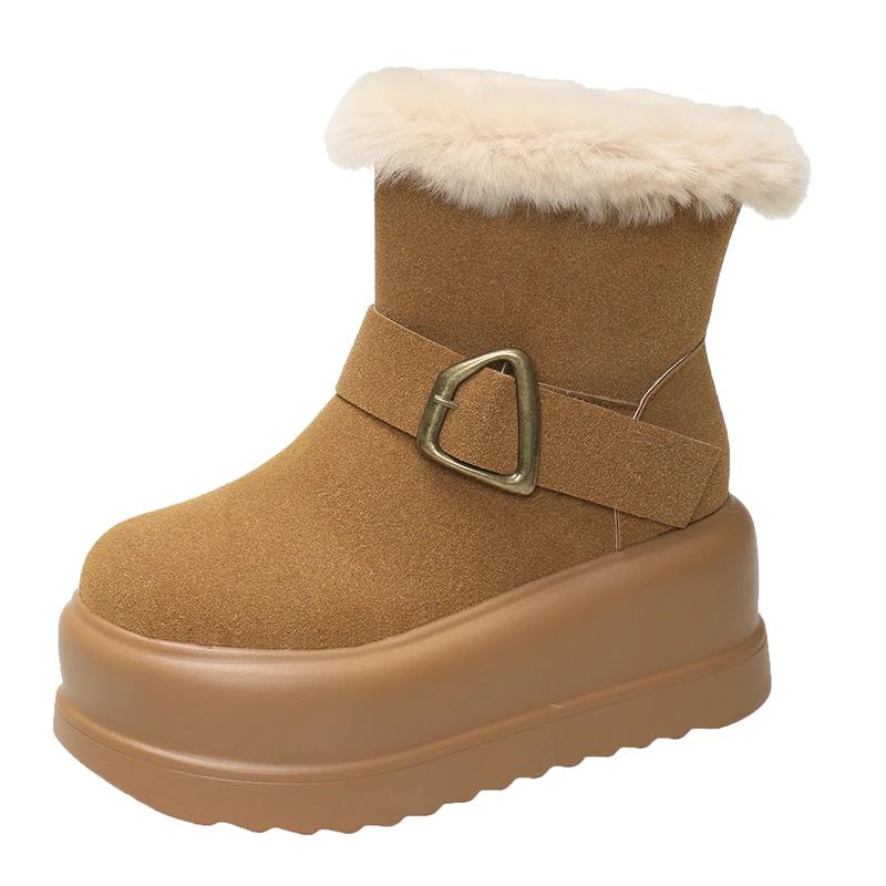 Мода 8 см Новые Женские Теплые Плюшевые Снежные Ботинки Нескользящие Зимние Ботинки Замшевая Кожа Массивные Кроссовки Толстый Мех Высокая Платформа Ботильоны