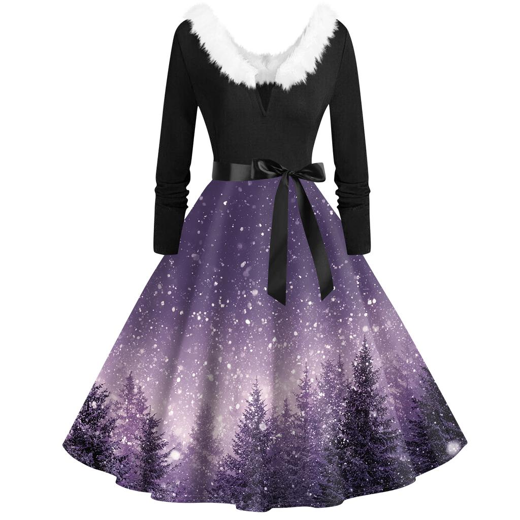 Женская мода с v-образным вырезом, повседневные тонкие рождественские платья с воротником из волос и длинными рукавами с принтом