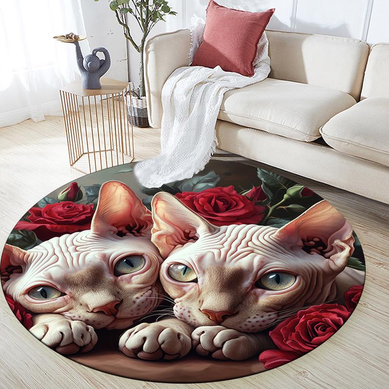 Sphynx Cat and Roses pattern round rug,Carpet Rug for Living Room Bedroom Sofa Playroom Decor,Non-slip Floor Mat,Holiday Gifts and Birthday Gifts