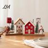 Hand Painted Wood Christmas Town Mini Village House Figurine, Winter Scene Ornament with Snowman Cute Doll Set Bear & Mailbox, Nordic Style