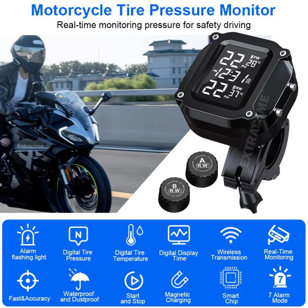 Motorcycle Tire Pressure Monitoring System LCD Display Solar Charging Waterproof Tyre Temperature Alarm Sensor