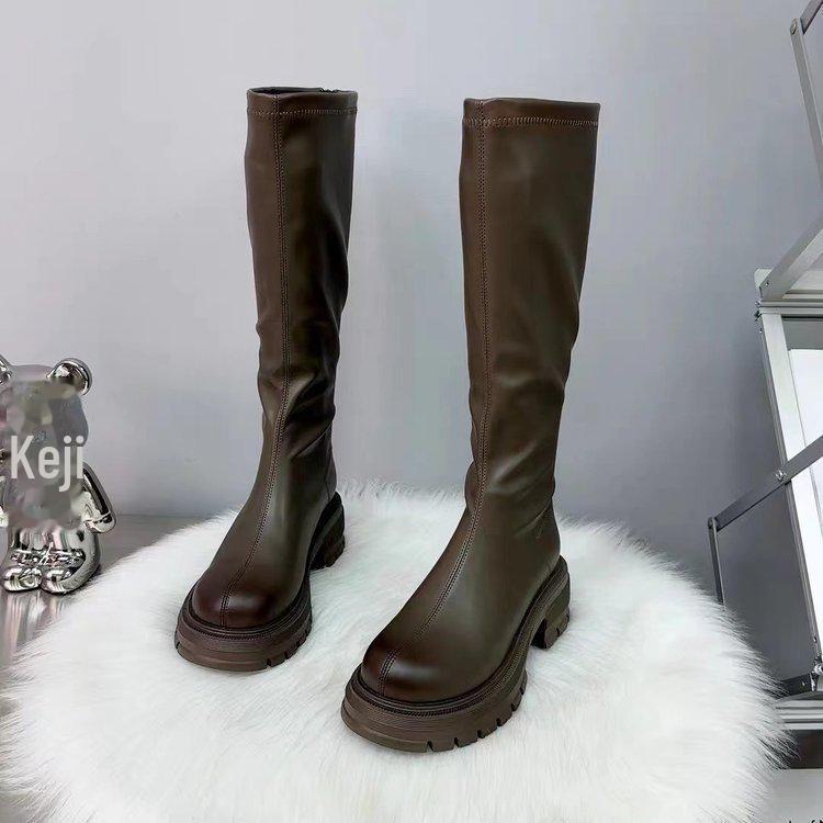 Женские модные высокие сапоги на толстой подошве 2023 года — универсальный повседневный стиль в стиле корейского мотоцикла и рыцаря