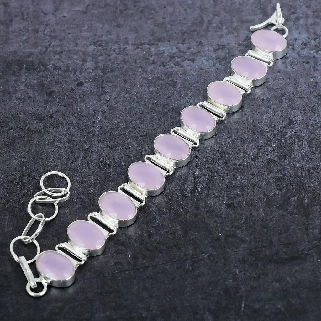 Браслет ручной работы из серебра 925 пробы с розовым халцедоном, длина 7-8 дюймов, a0P32