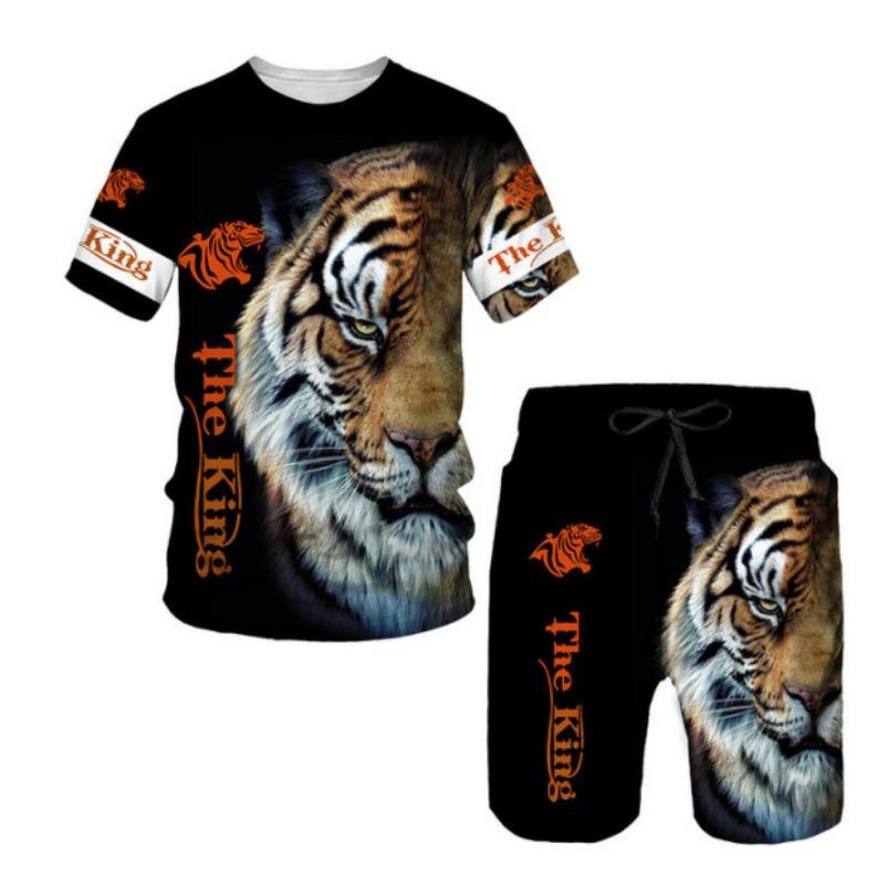 Летние мужские комплекты, шорты, наряды, футболка с коротким рукавом и принтом тигра 3D, повседневный спортивный костюм из двух частей, свободный размер, пляжная спортивная одежда