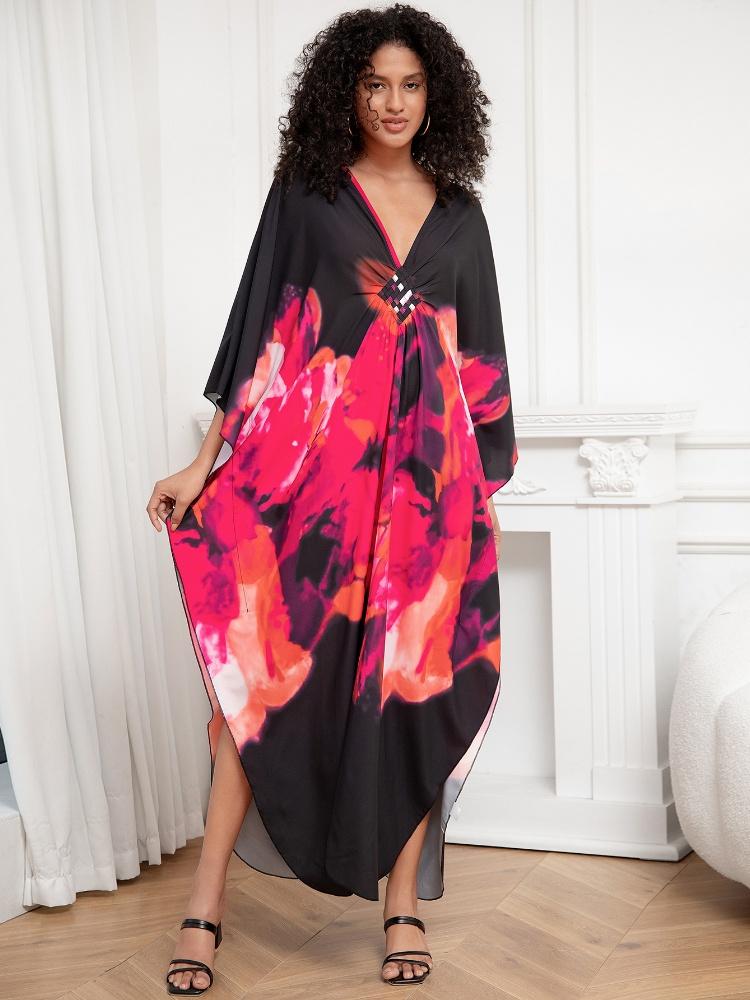 EDOLYNSA Шикарный розовый красный цветок черный женский халат кафтан свежее платье с рукавами «летучая мышь» купальный костюм прикрыть халат Q1289