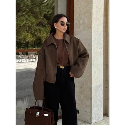 Модная коричневая короткая шерстяная куртка для женщин, элегантные укороченные пальто с длинными рукавами и застежкой-молнией, осенняя шикарная женская верхняя одежда для улицы