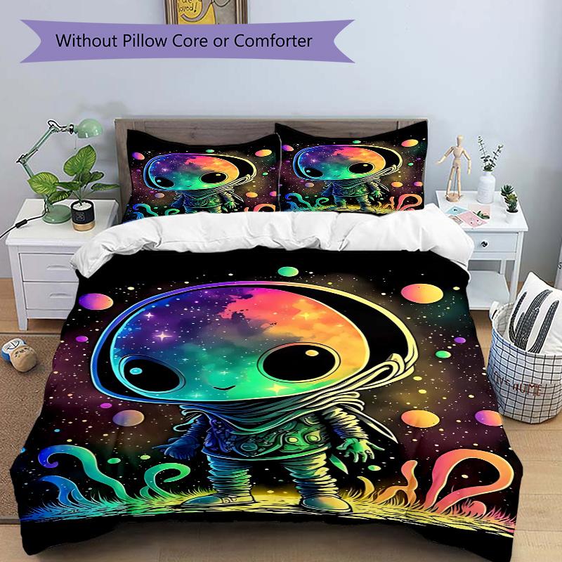 3pcs Colorful Galaxy Alien Comforter Set with Two Pillowcases (No Core), Bedroom Decor and Guest Room Accessories, Ideal Gift for Home Decoration