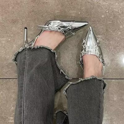Y2K серебряные босоножки на высоком каблуке, женские туфли в стиле панк, готика, вечерние туфли с острым носком, женские модельные туфли-лодочки на тонком каблуке цвета металлик, женские туфли-лодочки