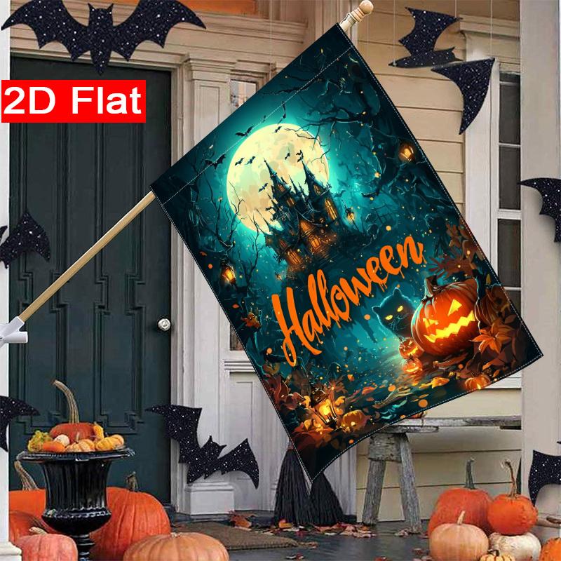 2D Flat - 2D Flat, Halloween Happy Garden Flag Castle_ Pumpkin Lantern And Bat Moon Large Garden Flag_ 1 (2)- Outdoor Garden Flag Double-Sided Home De