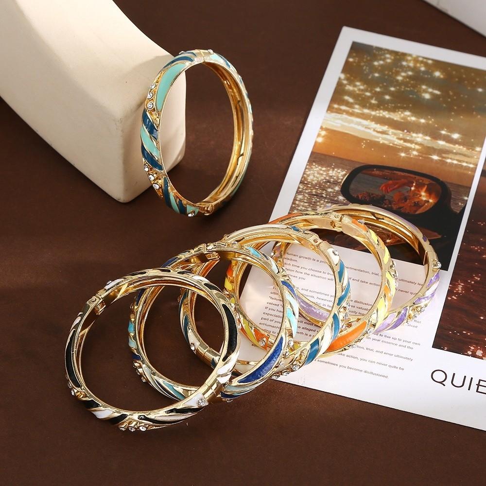 Colorful Enamel Cloisonne Bracelet Dainty Rhinestone Inlay Oil Dipping Cuff  Women