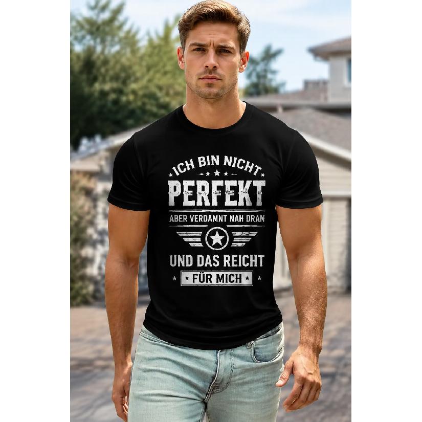 Men's black short sleeve t-shirt with German quote graphic, crew neck, relaxed fit, soft cotton feel, casual daily wear, humorous statement design