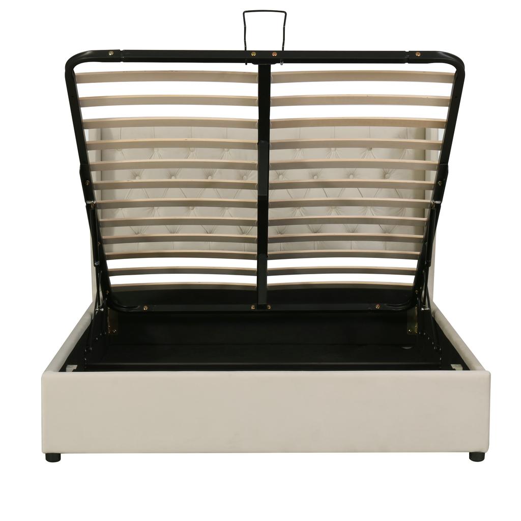 Upholstered Wingback Velvet Bed, Button Tufting, 180*200, Hydraulic Storage Bed, Slatted Frame, Underside Dirt-Repellent Black Non-Woven Fabric, Beige
