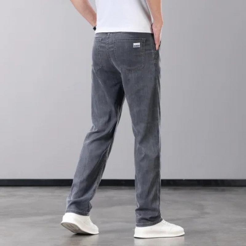 Летние тонкие мужские джинсы из ткани лиоцелл, мягкие, дышащие, прямые джинсовые брюки, брендовые мужские эластичные брюки из ледяного шелка, повседневные брюки, серые, синие