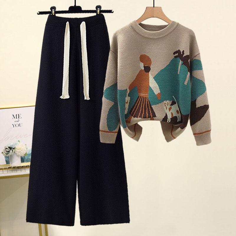 Plus-Size Women's Fashionable Knitted Sweater and Casual Pants Two-Piece Set for Autumn and Winter