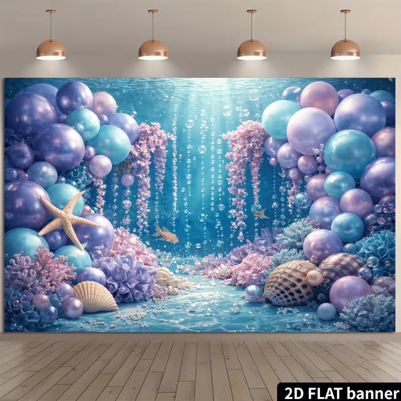 2D Ocean Adventure Backdrop Underwater Purple Blue Balloon & Coral Fabric Banner for Kids Party