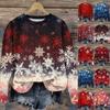 Женская мода круглый вырез пуловер длинный рукав футболка рождественский принт топ