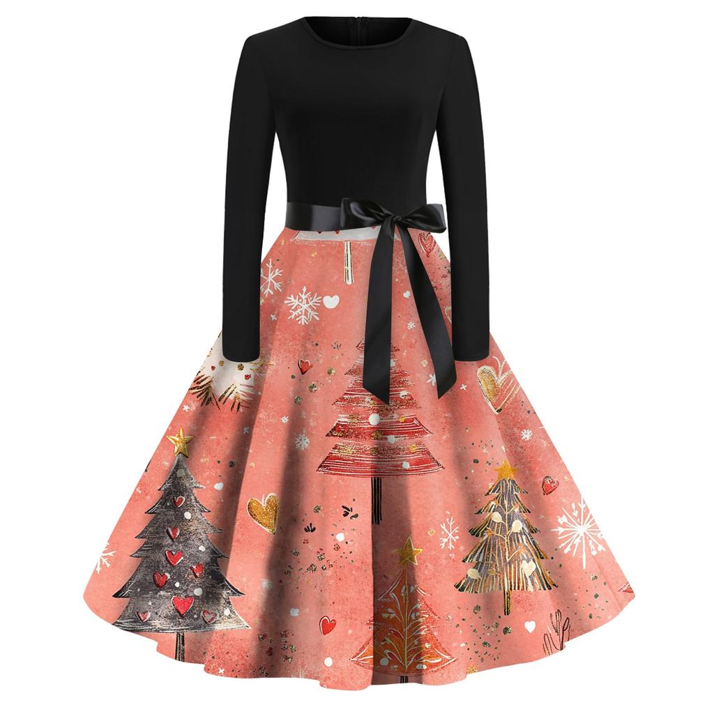 Women's Fashion Vintage Long Sleeve Round Neck Christmas Printed Party Gown Dress