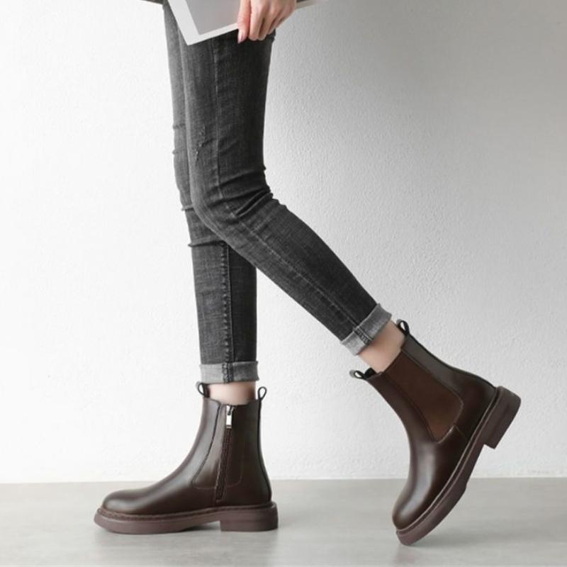 Модные Элегантные на Низком Каблуке Кожаные Теплые Женские Короткие Туфли Круглый Носок Женские Ботильоны Осенне-Зимние Ботильоны Высокого Качества 39 Ботинок