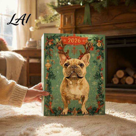 New Year Holiday Presents Bulldog Advent Calendar 2026 24 Days Acrylic Puppy Ornaments Christmas Countdown Calendar Dog Lover Gifts 2D Flat