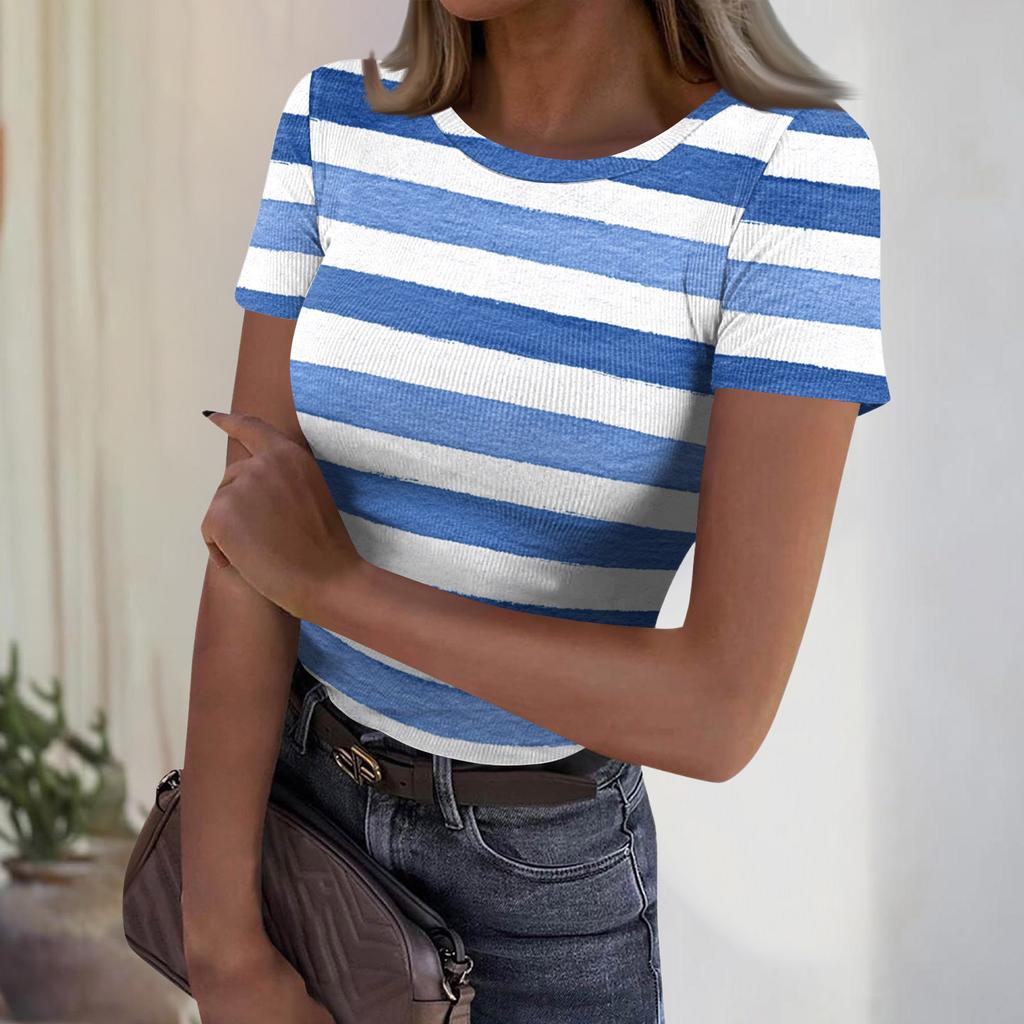Women's Casual Fashion Round Neck Striped Print Short Sleeve Ribbed Top