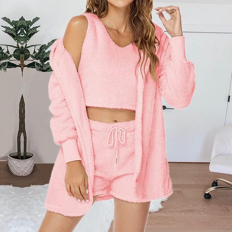 Home Wear Long Sleeved Plush Casual Three Piece Set Jacket Vest Shorts Sports Suit