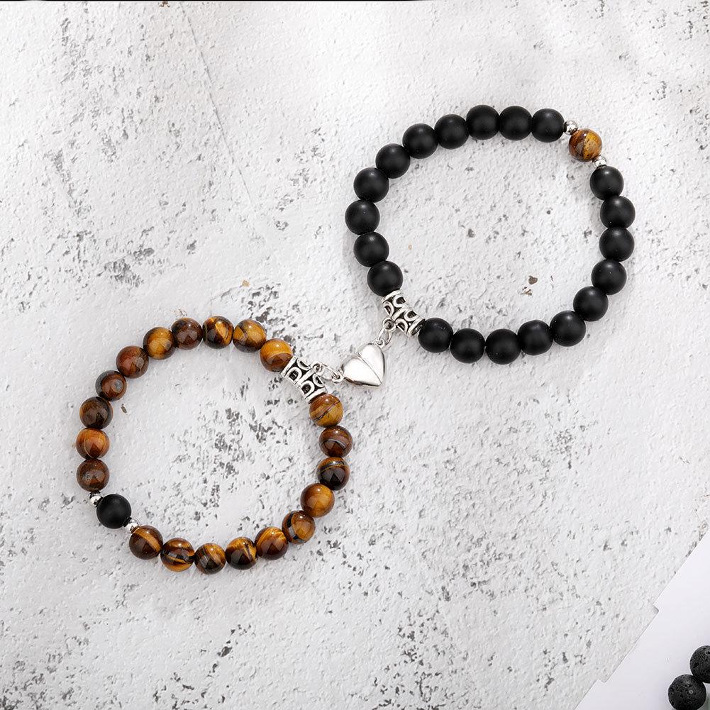 Heart Magnetic Couple Bracelet: Natural Stone, White Pine, and Tiger Eye Beaded Jewelry for Women