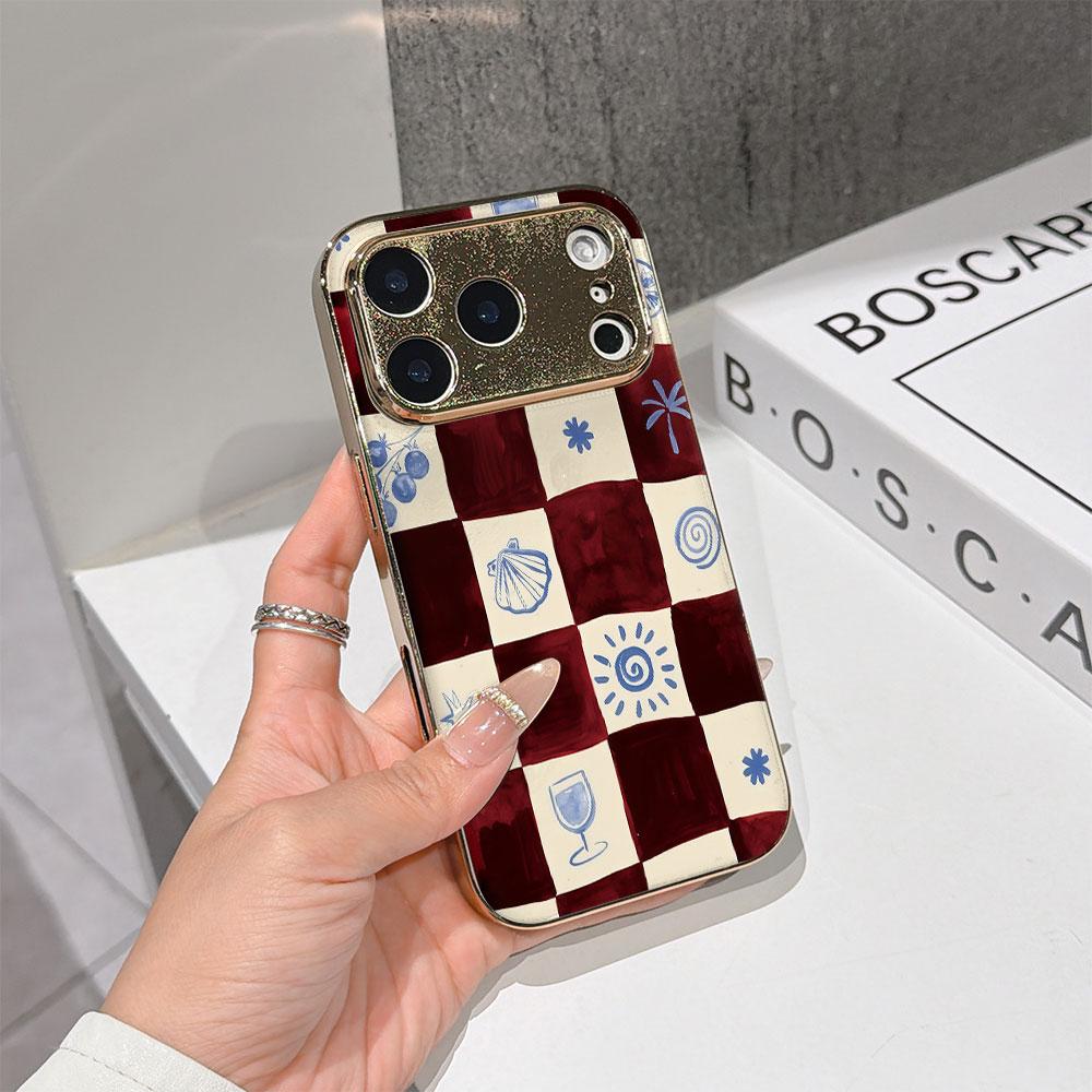 Чехол для телефона 'Счастливый старт' для iPhone 17 16 15 14 13 12 11 Pro Max 16E Золотой гальванизированный стеклянный корпус Бордово-синий клетчатый чехол
