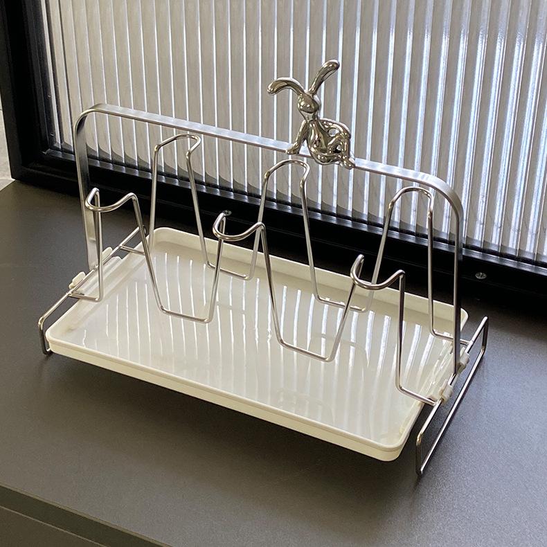 Stainless steel cup holder with water collection tray, inverted drain cup holder, iron cup holder, household 6 cups