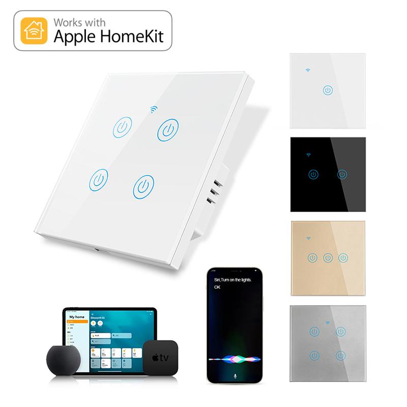LangYeao UK EU 1/2/3/4 Gang 10A Home Automation WiFi Smart Light Wall Touch Switch Apple Siri Homekit with Neutral Wire