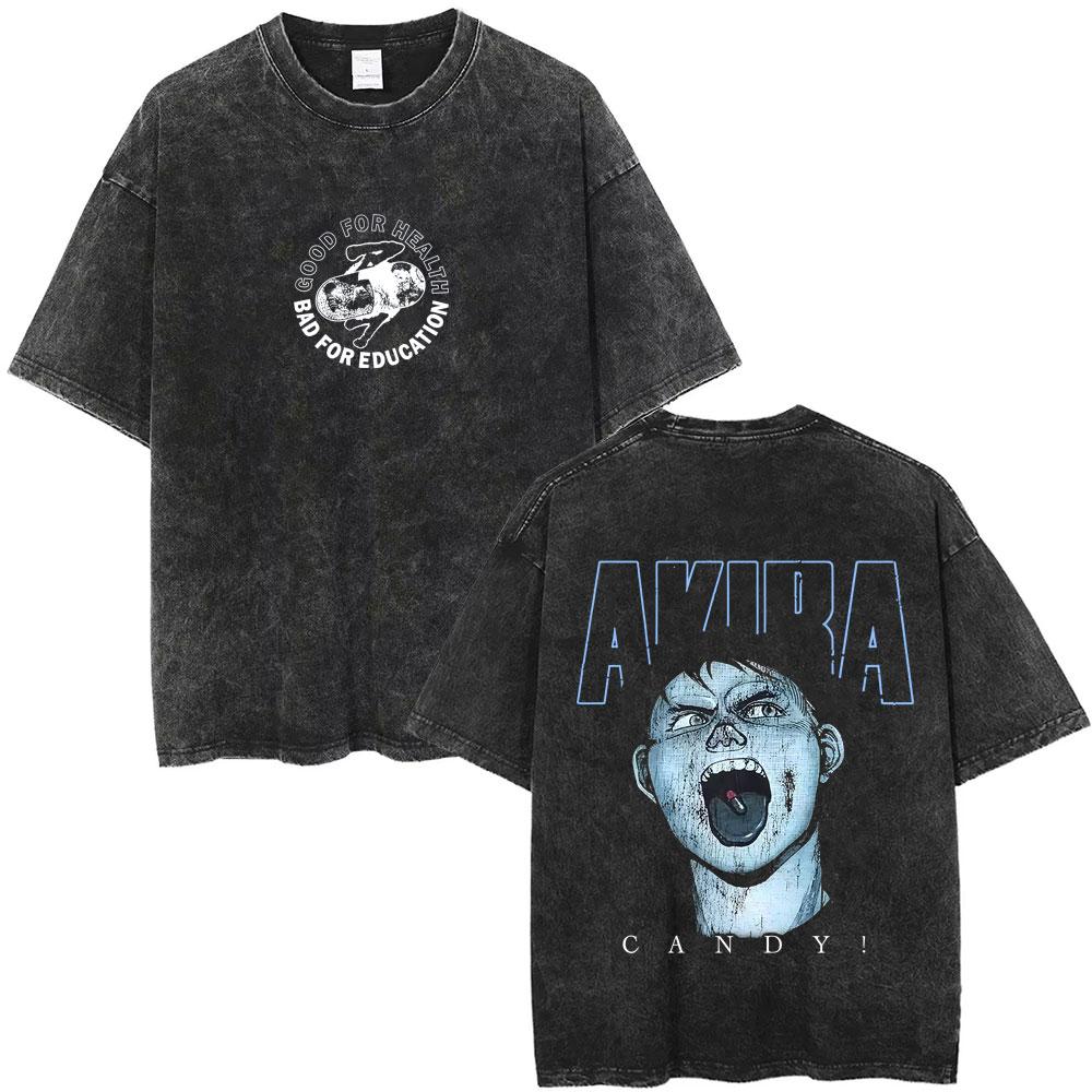 Anime Akira Vintage Washed T Shirt Japanese Science Fiction Cartoon Movie Shotaro Kaneda Manga Casual Cotton Tshirts Streetwear