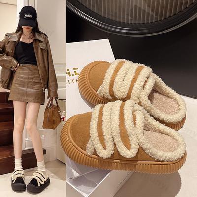 Модные теплые хлопковые тапочки, женские, новые зимние туфли на платформе 2024 года, мягкие плюшевые толстые подошвы, повседневные зимние туфли, женские плюшевые теплые тапочки