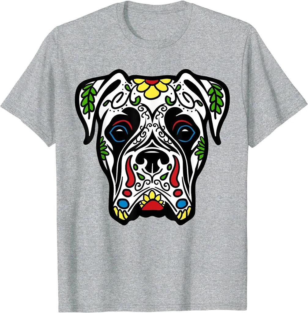 Белая футболка-боксер с мертвым сахарным черепом, подарочная футболка для собаки, повседневные короткие рубашки на четыре сезона для унисекс, женские и детские рубашки на Хэллоуин, Мексика