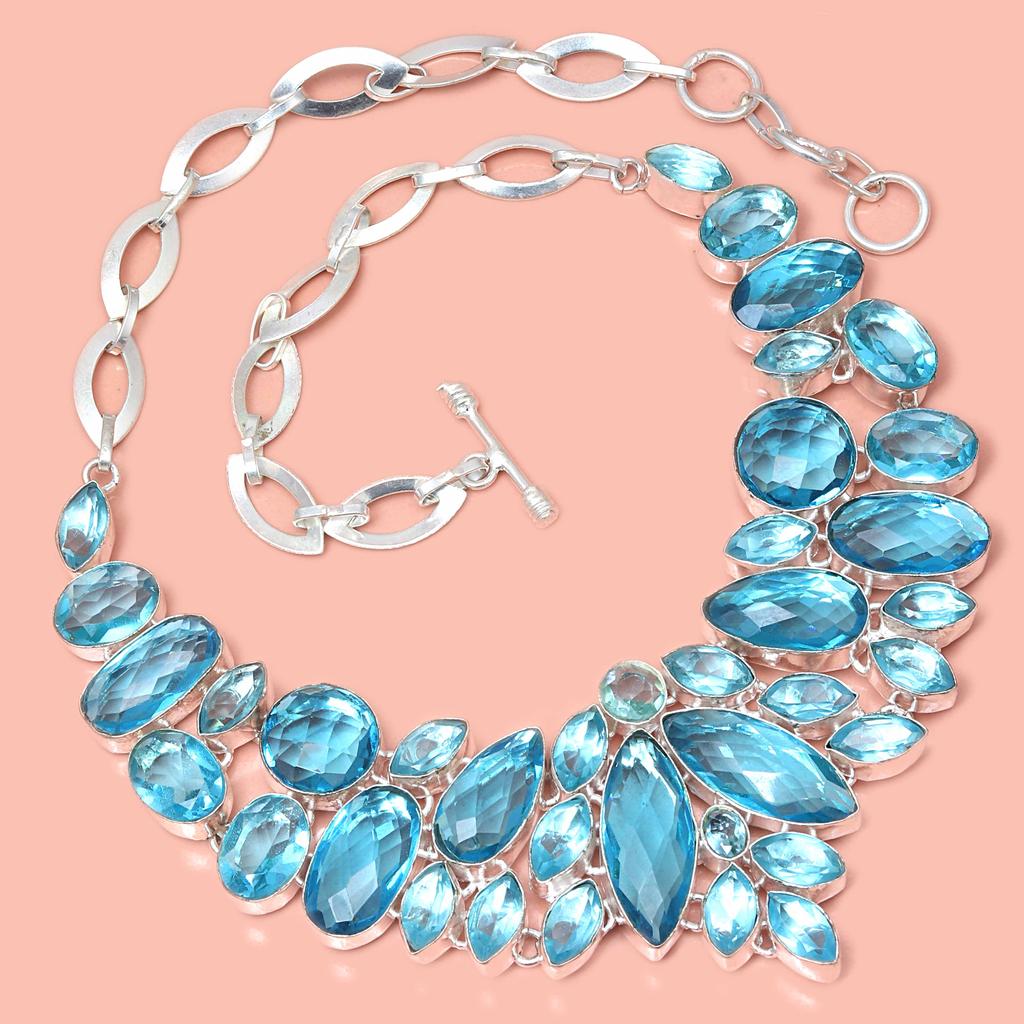 Necklace Swiss Blue Quartz Gemstone Handmade Ethnic Silver Jewelry 18-20''
