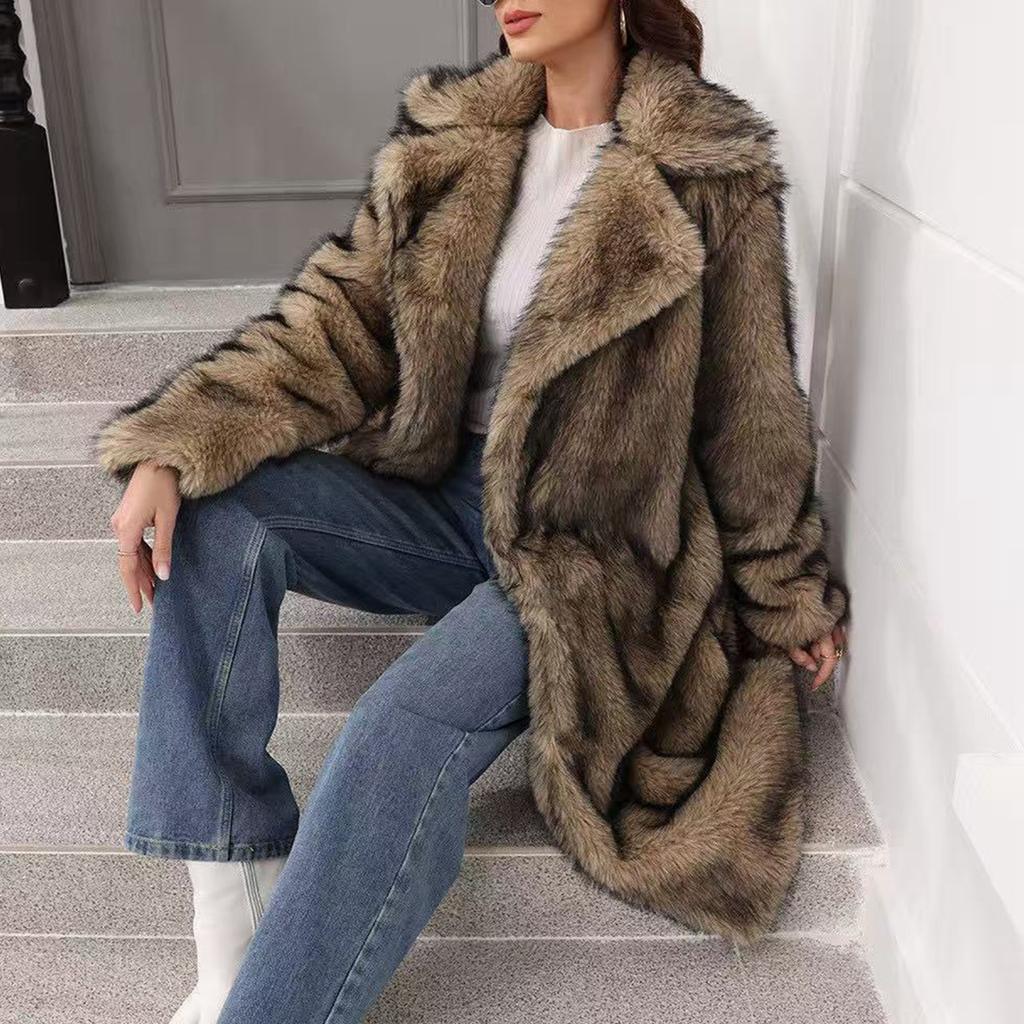 Women's Fashionable Warm Long Sleeve Solid Color Furry Long Coat With Turned Collar
