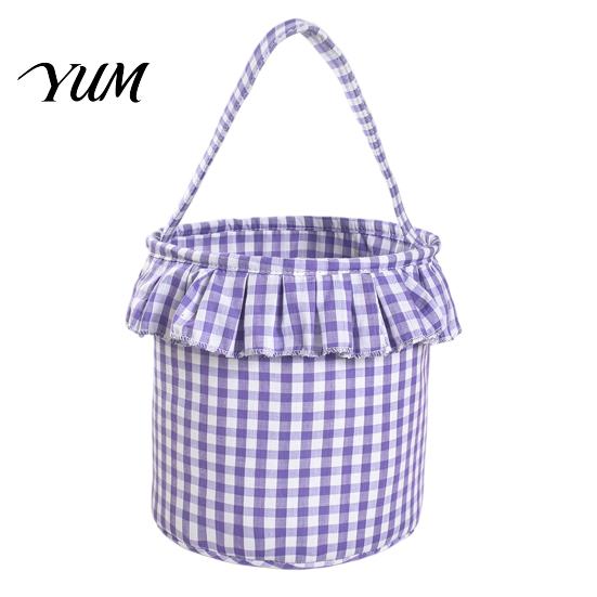 Holiday Decorative Storage Bins Halloween Basket, Plaid Ruffle Trick or Treat Candy Bucket with Handle Christmas Present Pouches for Kids, Reusable
