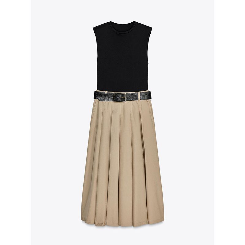 Za2025 Summer New Product Women's Clothes with Belt Strap Padded Shoulder Patchwork Round Neck Sleeveless Dress 0387052 088