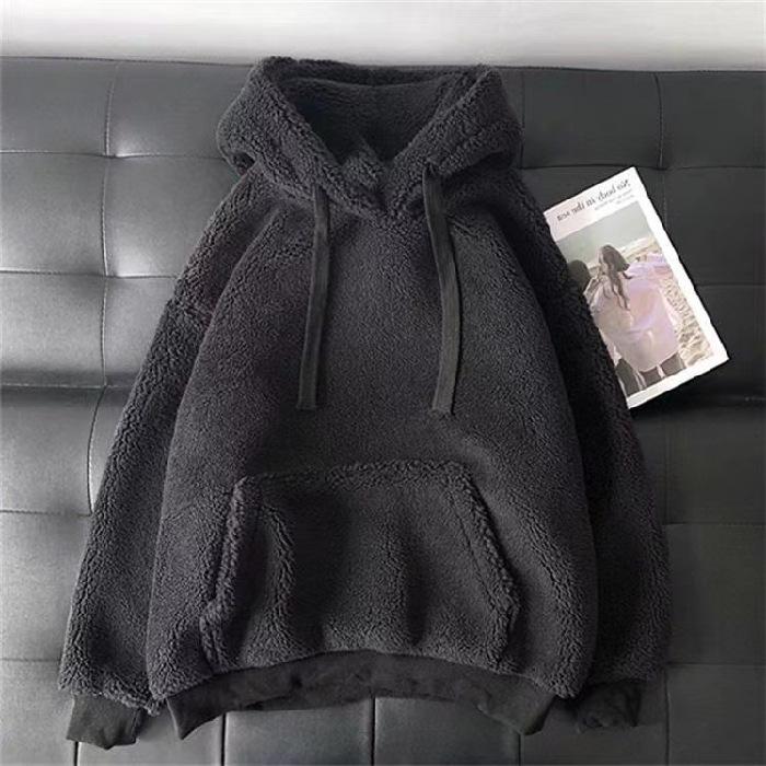 Женский свитер с капюшоном из овечьей шерсти на осень/зиму - модный корейский стиль, плюшевый, свободный крой