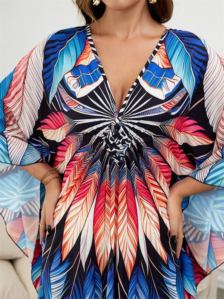 EDOLYNSA Лето 2024 года, пляжное платье макси в стиле бохо с принтом, свободный V-образный вырез, рукав «летучая мышь», кафтан с боковым разрезом, женская пляжная одежда, купальник, накидки Q1588