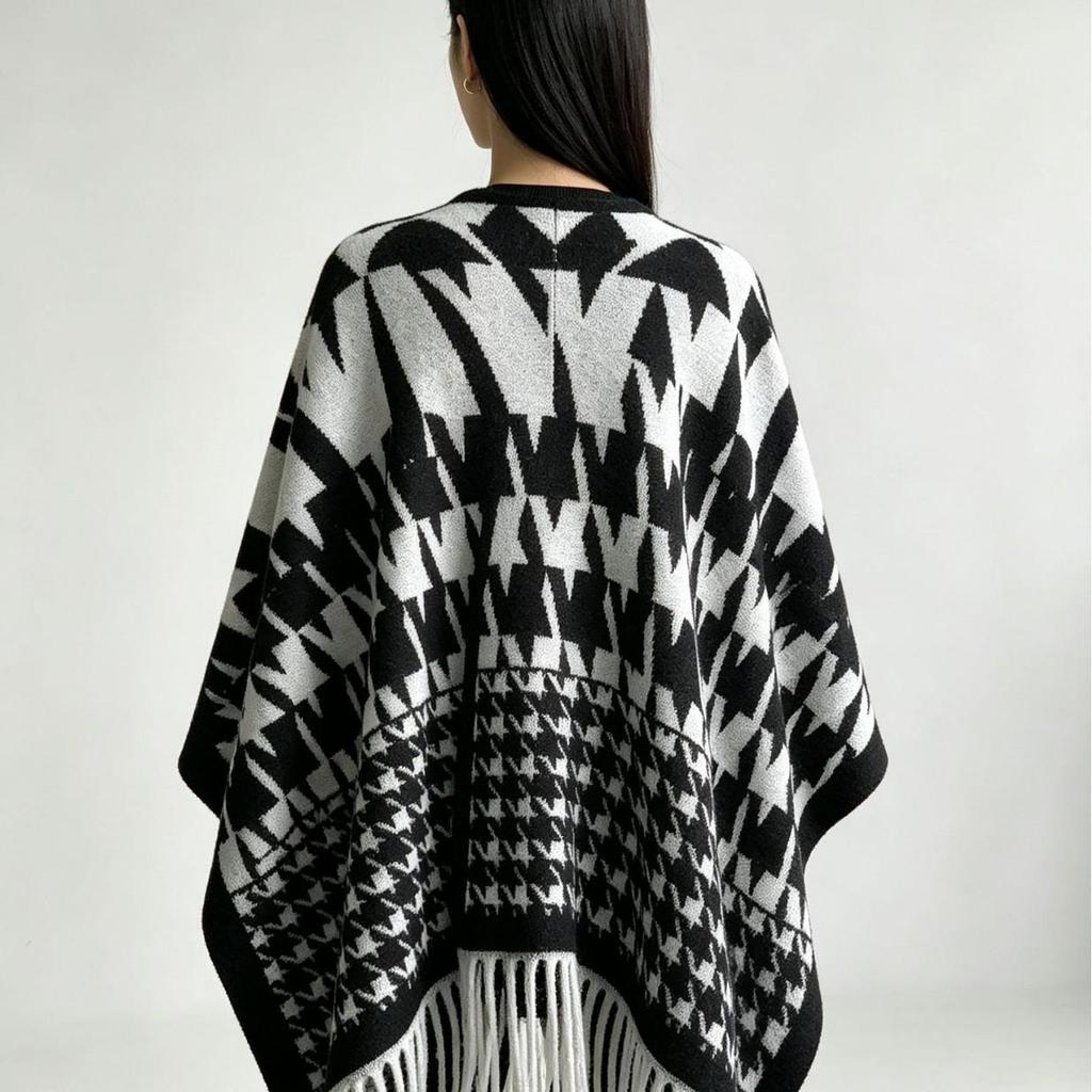 Trendy Imitation Cashmere Houndstooth Plaid Cape Scarf with Tassels for Autumn/Winter