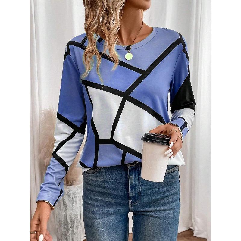 Градиентный полосатый принтованный свитер осень-зима повседневный длинный рукав круглый вырез толстовка клетчатый узор женская одежда