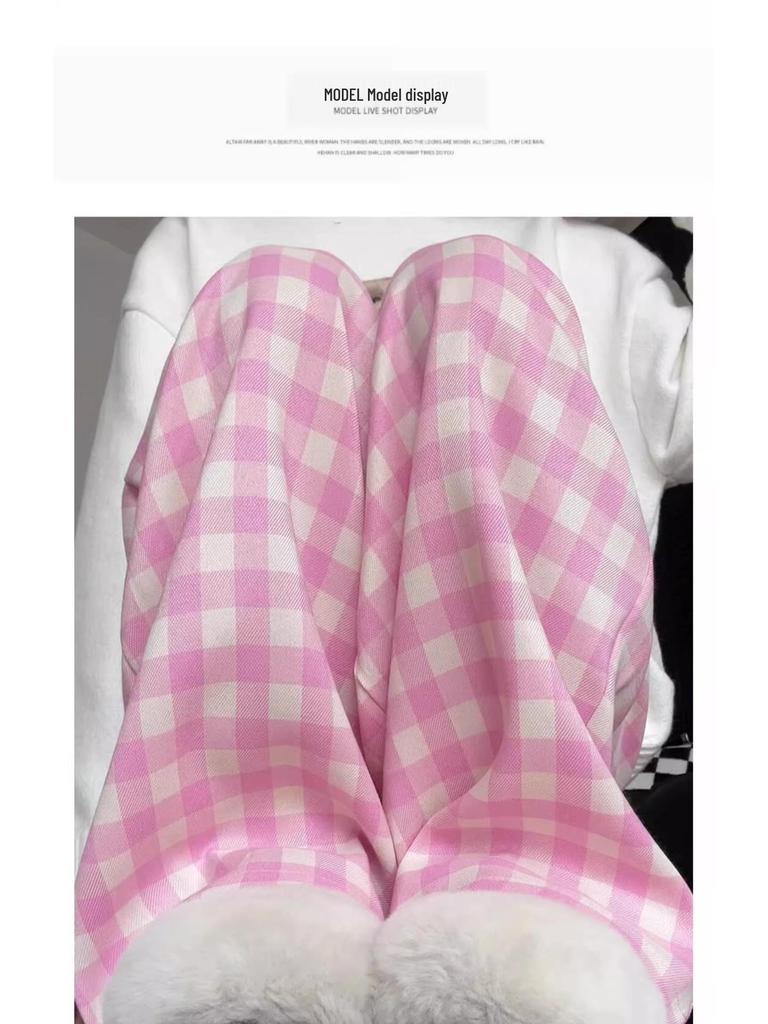 Женские розовые клетчатые свободные брюки прямого кроя с высокой посадкой и широкими штанинами - Весна/Осень 2025