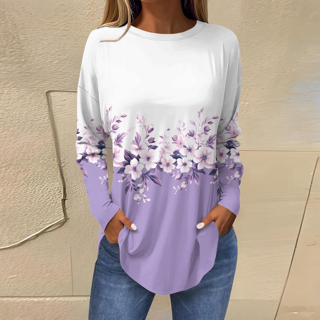 Рубашки для женщин Милые винтажные узоры с принтом Футболка с длинным рукавом Туника Топы Хлопковые пуловеры