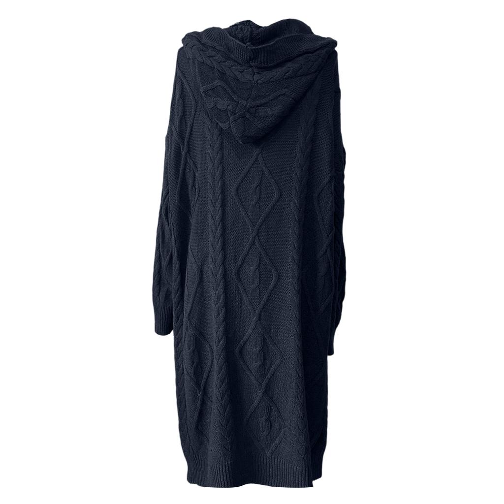 Женское свободное пальто средней длины на пуговицах с карманами, вязаное кабельным узором